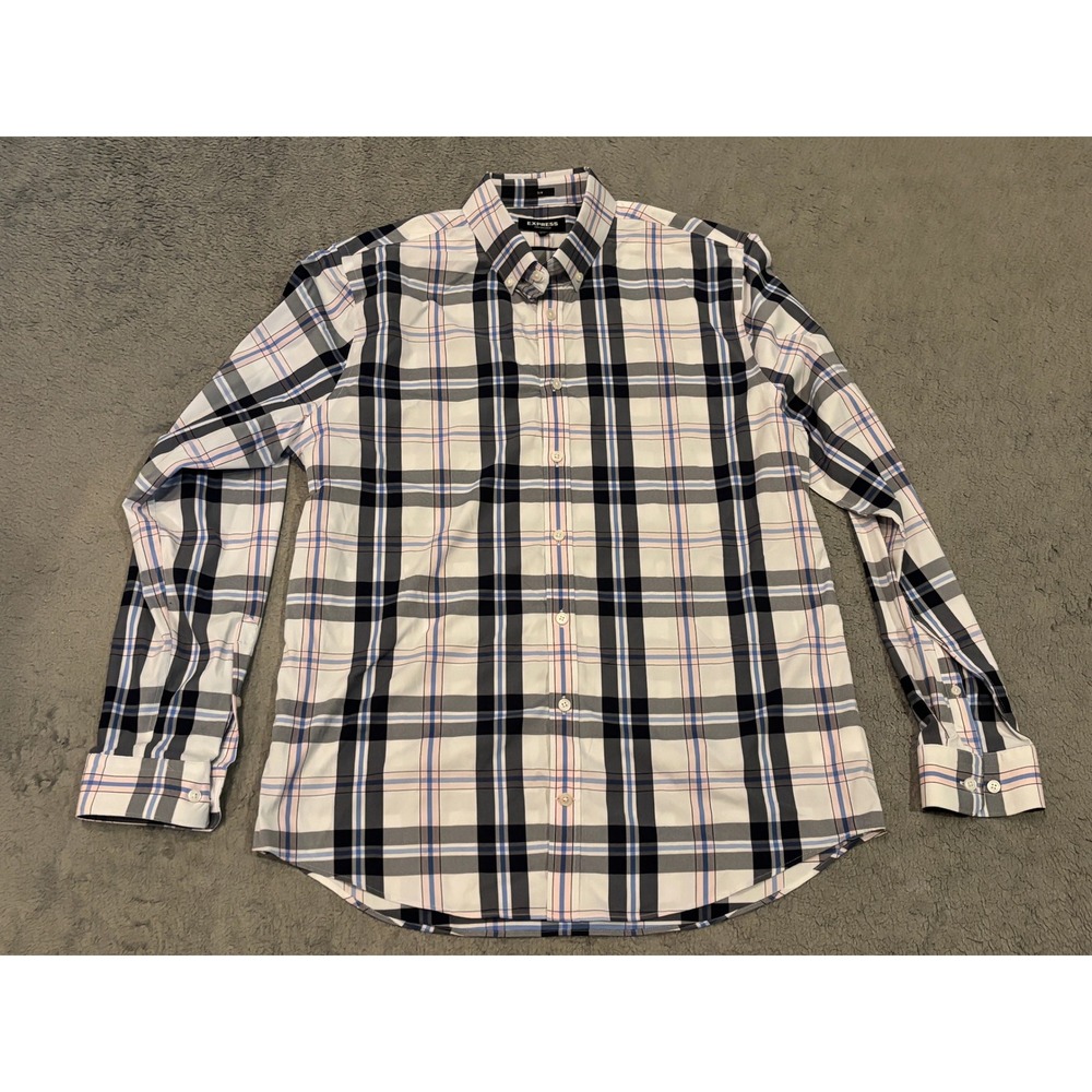 Express Performance Slim Fit Plaid Shirt Mens Large 15-15.5 Blue Pink Stretch